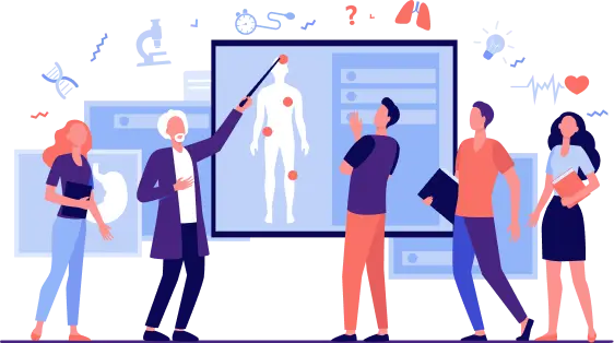 Medical professionals reviewing patient health data and diagnostics on a digital screen
