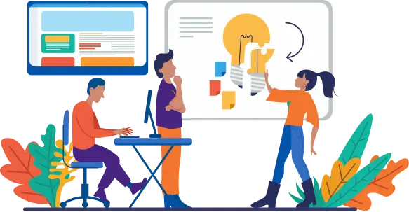 Team collaborating on creative ideas using digital screens and visual planning tools