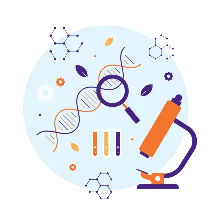 Illustration of DNA analysis and genetic research using a microscope and laboratory tools