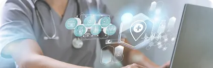 Healthcare professional using digital technology with medical compliance and data security icons on screen