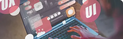 Healthcare-focused website UI/UX design interface shown on a laptop with digital interaction elements