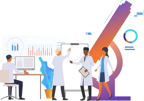 Medical professionals analyzing clinical data and research insights using digital charts and visual tools