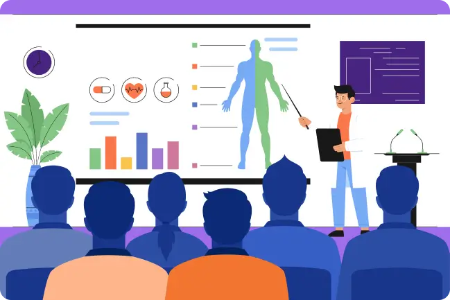 Medical professional presenting clinical data and human anatomy to an audience during a healthcare training session
