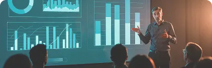 Presenter explaining data charts and visual insights during a professional presentation session