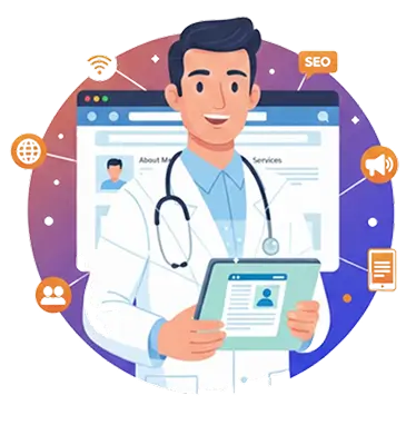 Doctor using tablet with SEO and digital marketing icons representing online healthcare visibility in India