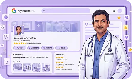 Doctor with stethoscope standing next to Google My Business profile showing ratings and reviews