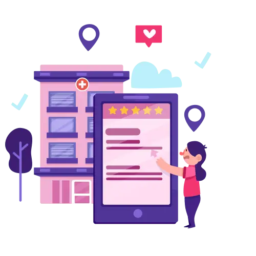 User reviewing hospital ratings on mobile app with healthcare building illustration