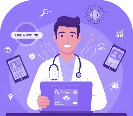 Digital marketing services for healthcare by Sirimedtech showing doctor using laptop for online consultation and patient engagement