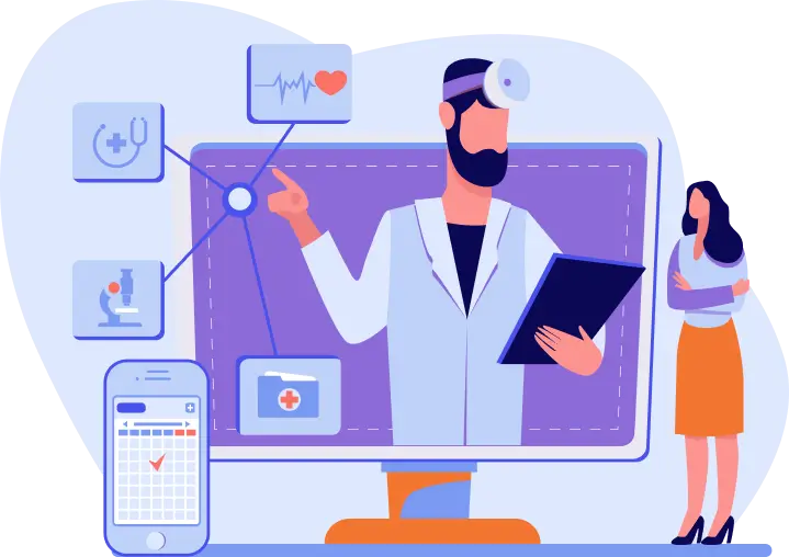 Healthcare digital marketing strategy illustration showing doctor, online tools, and patient engagement for building long term digital authority in India